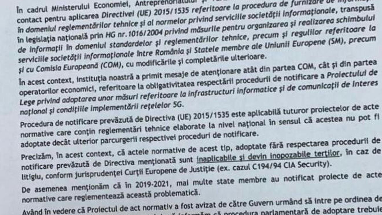 EXCLUSIV Adresa prin care Ministerul Economiei cere amânarea discutării legii 5G în Parlament