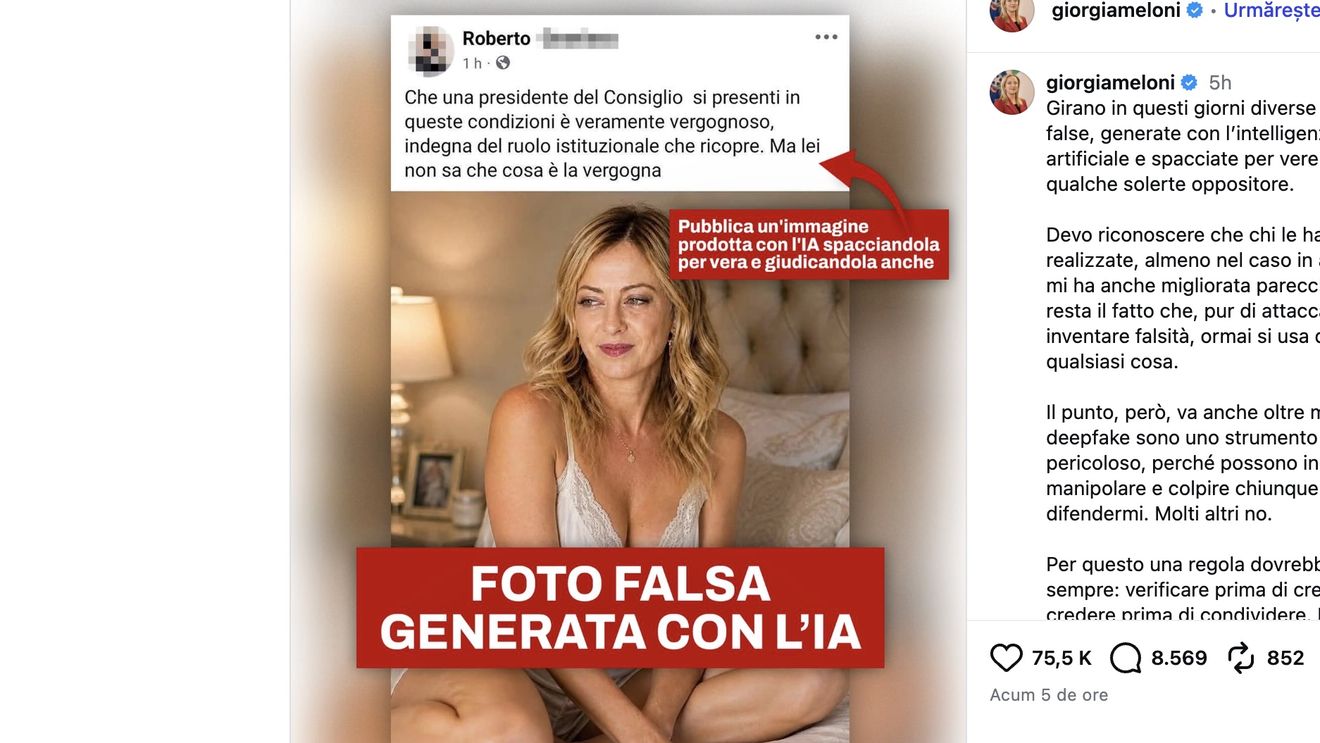 Giorgia Meloni publică pe Instagram o fotografie a sa în lenjerie intimă generată cu ajutorul AI / „Deepfake-urile sunt periculoase, ne afectează pe toți” / A redistribuit fotografia falsă găsită pe internet