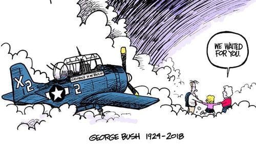 Un desen care-l prezintă pe George Bush sr. a devenit viral în Statele Unite; fostul președinte este prezentat reîntâlnindu-se în ceruri cu soția și fiica