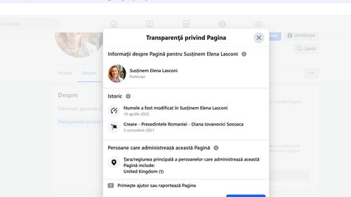 O pagină de Facebook care a susținut-o 4 ani pe Diana Șoșoacă și-a schimbat numele în ”Susținem Elena Lasconi” / Pagina are peste 21.000 de urmăritori, este administrată din Marea Britanie și conține clipuri de susținere nemarcate