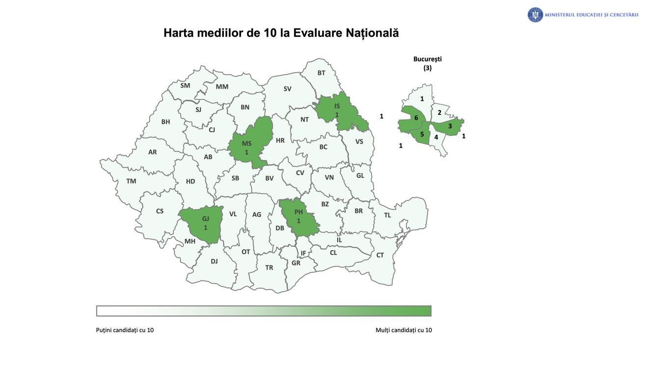 Harta mediilor de 10 la Evaluarea Națională 2026. Doar 7 elevi au obținut media 10, față de 85 anul trecut / 37 de județe fără nicio medie maximă