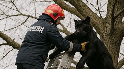 Pompierii, glume pe Facebook despre cum au salvat pantera neagră / Imagine generată cu AI, rostogolită pe rețele în timp ce MAI încearcă să combată fake-news-urile din online / Mențiunea ”pamflet”, la finalul postării 