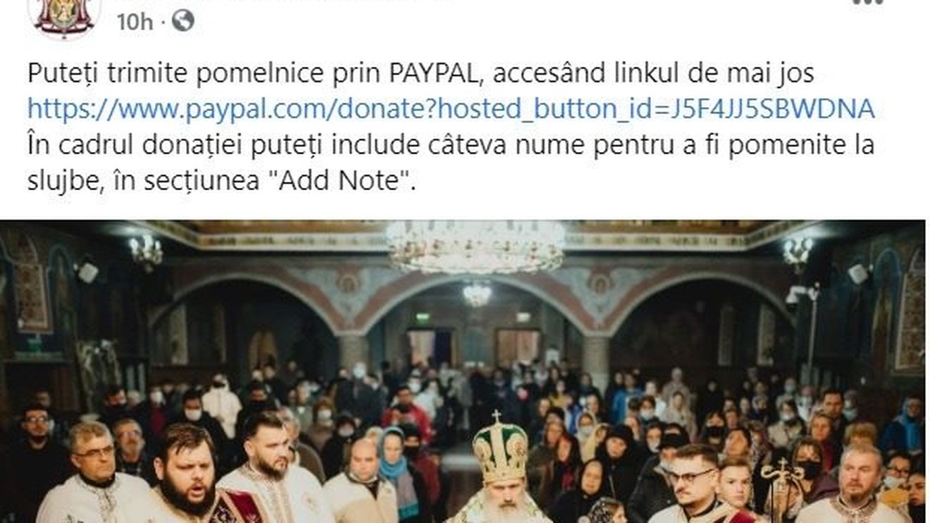 Arhiepiscopia Tomisului cere pomelnice prin PayPal: ”Puteți include câteva nume pentru a fi pomenite în secțiunea Add Note”