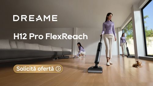 Dreame H12 Pro FlexReach curăță sub mobilă joasă cu o putere de 18.000Pa. Peria se autospală cu apă la 90°C, se usucă în 5 min și taie părul încâlcit. Ajunge în spații greu accesibile cu precizie și zero bătăi de cap (P)