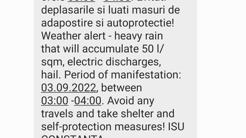 Mesaj RO-Alert primit de constănțeni la 3 dimineața/ Avertisment de ploi torențiale și grindină