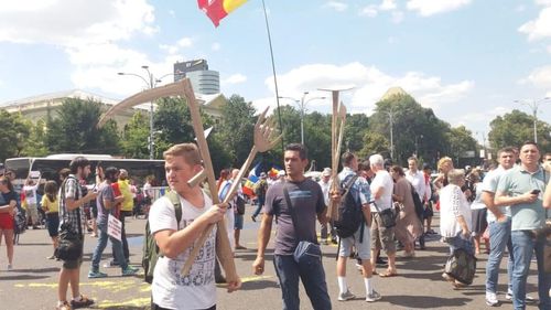 Gest ironic la adresa fake-news-urilor transmise de televiziunile de casă ale PSD: Mai mulți protestatari au venit în Piața Victoriei cu ”furci, coase și topoare” din carton