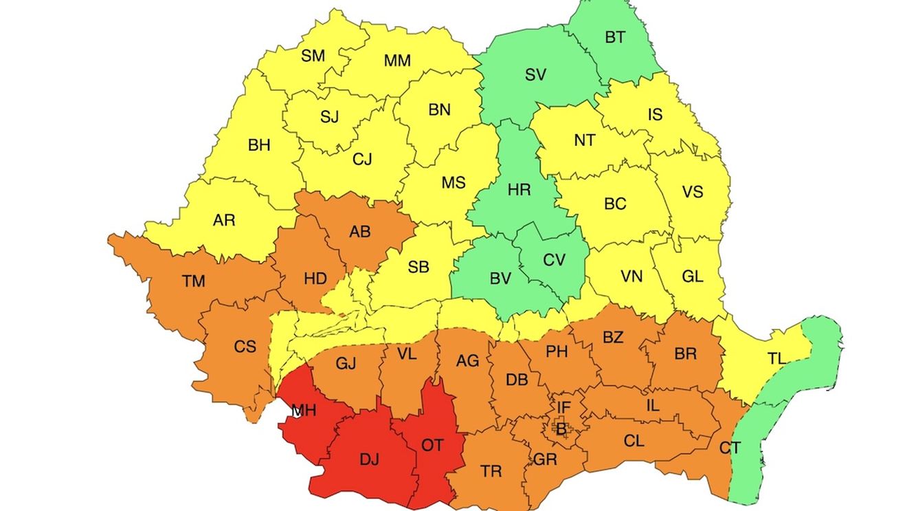 Cod roșu de căldură în trei județe: Mehedinți, Dolj și Olt / Alte șase judeţe sunt sub avertizare cod portocaliu de caniculă până duminică dimineață