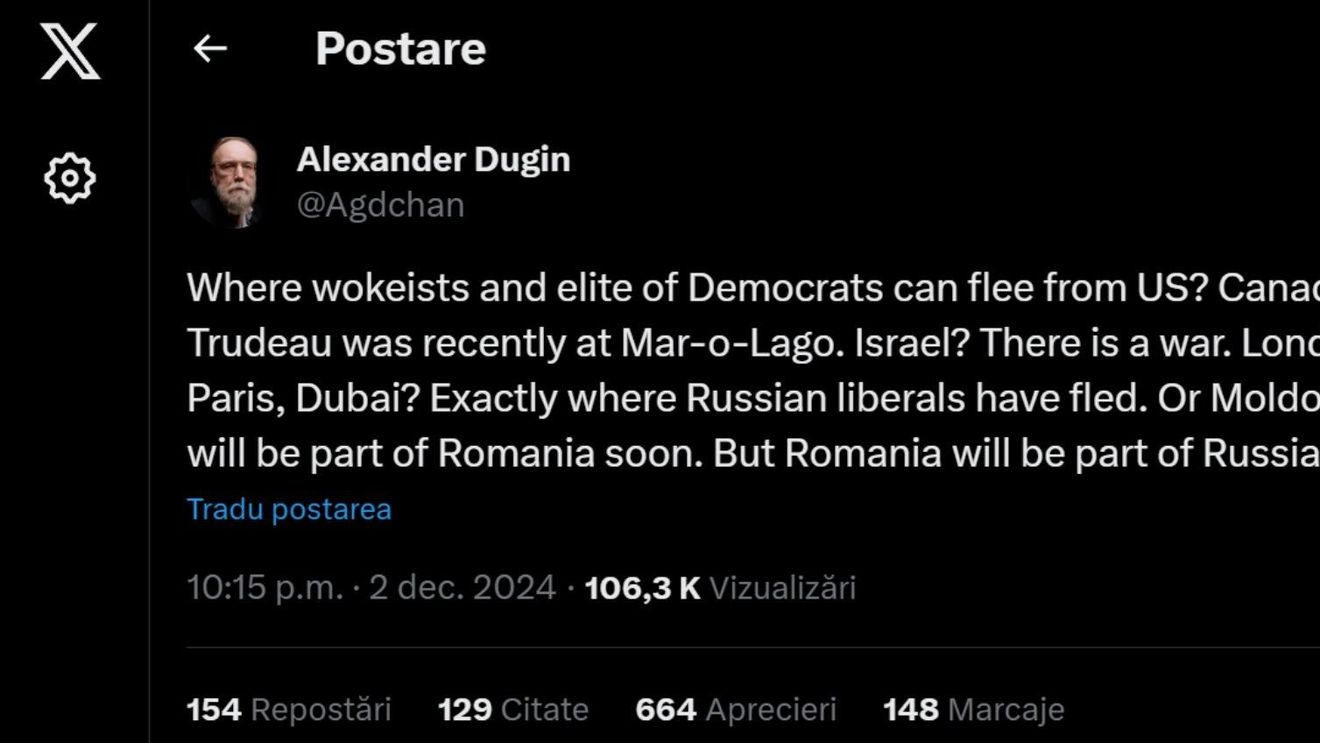 Un cont X atribuit ideologului lui Putin, Alexander Dughin, care îl laudă pe ”patriotul și românul autentic” Călin Georgescu, afirmă că ”România va fi parte din Rusia” / Reacția MAE