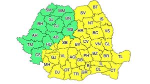 Cod galben în mai mult de jumătate din suprafața țării. Sunt așteptate vijelii, frecvente descărcări electrice, grindină și averse torențiale