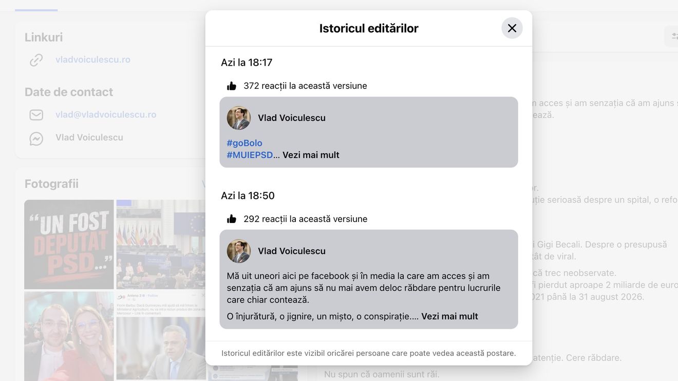 Vlad Voiculescu, consilier onorific al președintelui, derapaj pe Facebook / O primă versiune a unui mesaj conținea și hashtagul ”#M...PSD”