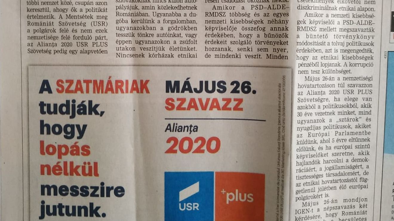 Alianța USR PLUS, afișe electorale în limba maghiară în Harghita și Covasna