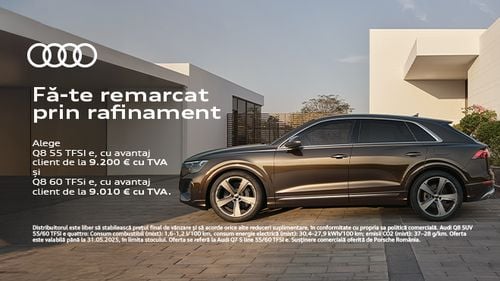 Descoperă eleganța performantă a noului Audi Q8 TFSI e. Alege 55 TFSI e cu avantaj client de la 9.200 € cu TVA sau 60 TFSI e cu 9.010 €. Stil, rafinament și tehnologie plug-in hybrid. Acum e momentul! (P)