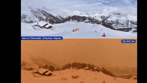 Cum se vede o stațiune de schi din Alpi, sub praful saharian care sufocă Elveția și sud-estul Franței de vineri