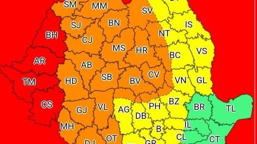 Avertizări Cod roșu și portocaliu de vânt și ploi torențiale în Vestul, Nord-Vestul și Centrul țării