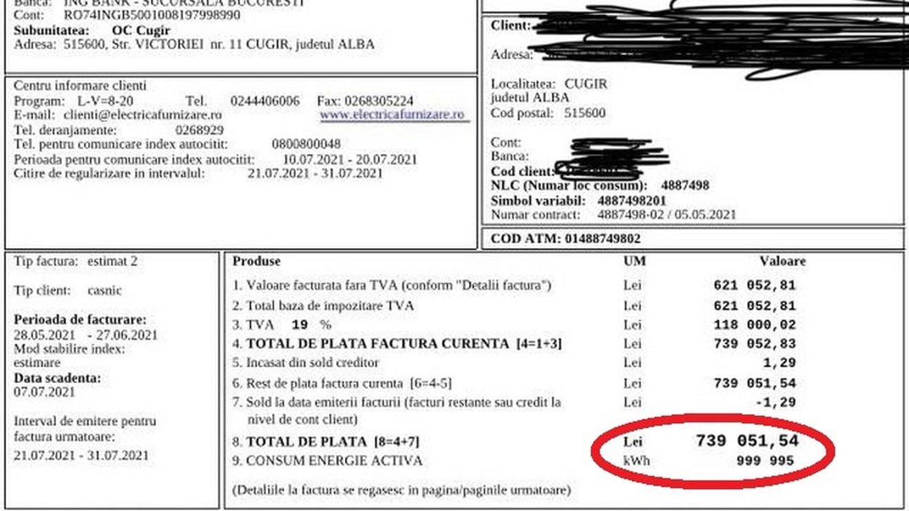 Factură record la electricitate, în valoare de peste 739.000 de lei, primită de proprietarul unui apartament din Cugir - Alba, în care nu locuiește nimeni de peste 20 de ani