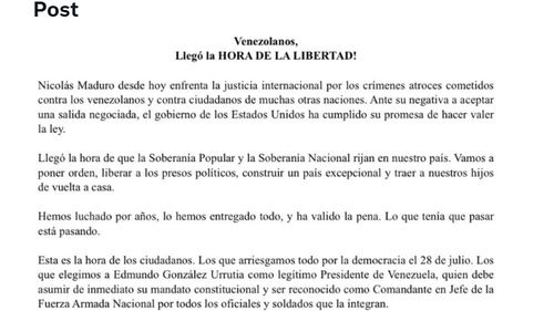 Lidera opoziției venezuelene María Corina Machado, mesaj către populație după capturarea lui Maduro: „A sosit ora libertății” / Apel la recunoașterea lui Edmundo González Urrutia drept președinte legitim al Venezuelei