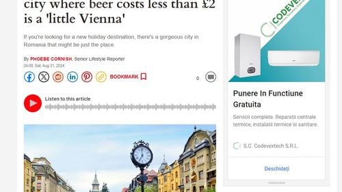 Articol elogios despre Timișoara în tabloidul britanic Daily Express. Europa are un oraș fermecător și ieftin, unde berea costă mai puțin de 2 lire sterline și este cunoscut ca o „mică Vienă”