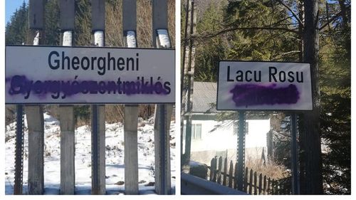 Inscripțiile în maghiară de pe indicatoarele la intrarea în Gheorgheni și Lacul Roșu au fost șterse cu vopsea/ Poliția a deschis o anchetă