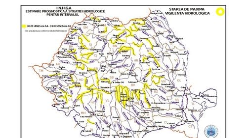 Cod galben hidrologic pentru râuri din mai multe judeţe. Sunt posibile viituri rapide care să producă inundaţii, mai ales pe unele râuri mici din Maramureş, Bistriţa-Năsăud, Bihor, Arad, Timiş şi Caraş Severin