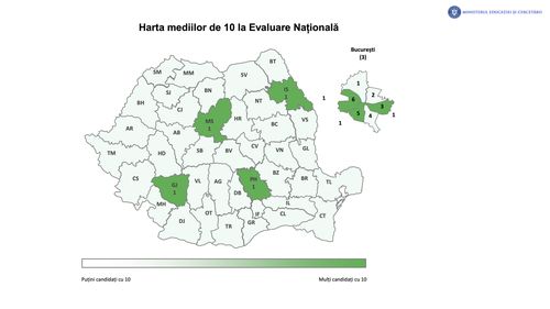 Harta mediilor de 10 la Evaluarea Națională 2026. Doar 7 elevi au obținut media 10, față de 85 anul trecut / 37 de județe fără nicio medie maximă