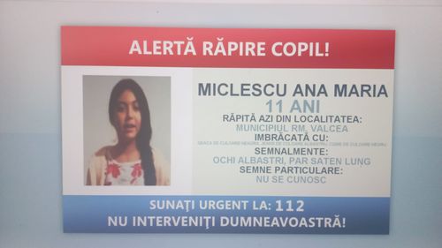 Alertă răpire copil, emisă de Poliţia Română: O fată de 11 ani din judeţul Vâlcea ar fi fost urcată într-o maşină de patru bărbaţi şi o femeie