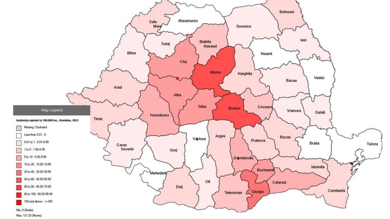 Aproape 1.000 de cazuri de rujeolă înregistrate doar în luna decembrie dintre cele peste 2.800 din tot anul 2023 / Jumătate sunt din județele Mureș și Brașov / Harta îmbolnăvirilor