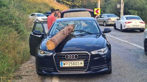 Un buştean s-a desprins din remorca unui TIR şi a intrat prin parbrizul unui autoturism / Incidentul, după ce TIR-ul a lovit poarta de gabarit a unui pod feroviar / Şoferul maşinii a fost rănit