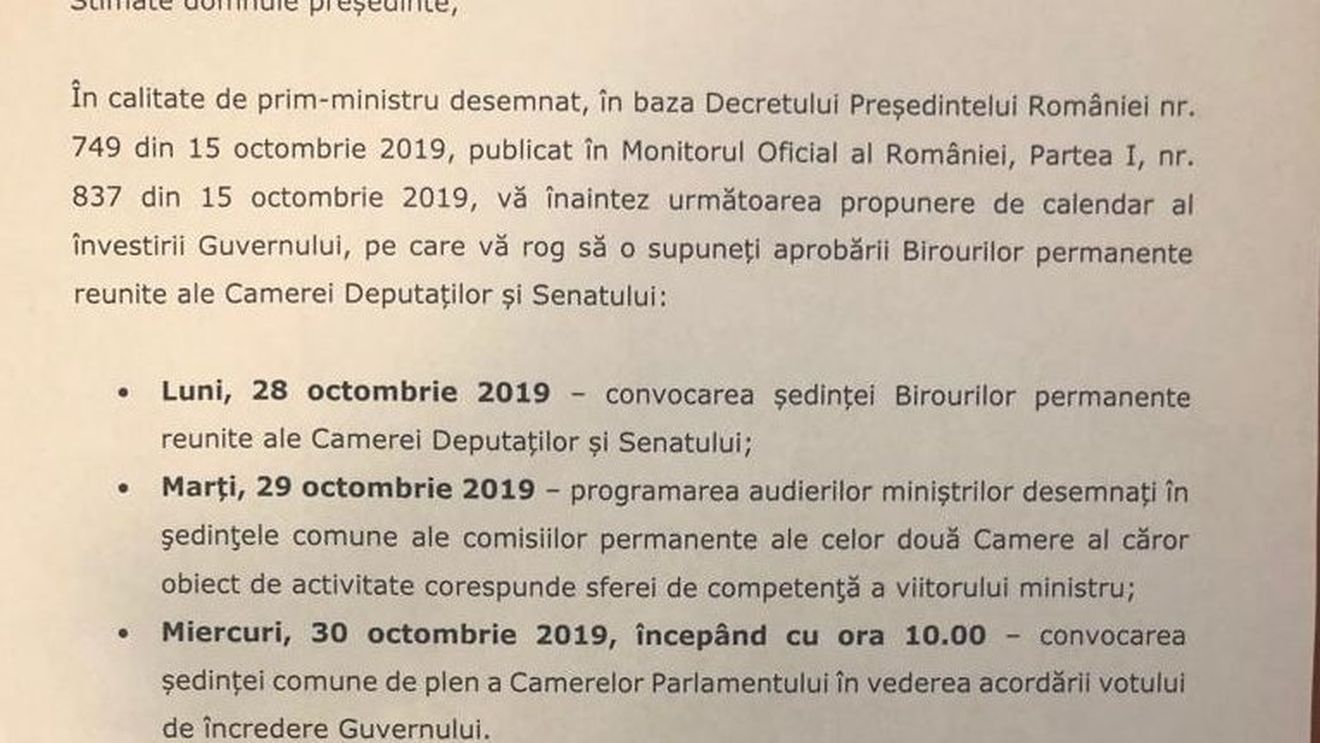 Ludovic Orban a cerut votul pentru guvern pe 30 octombrie, miercurea viitoare