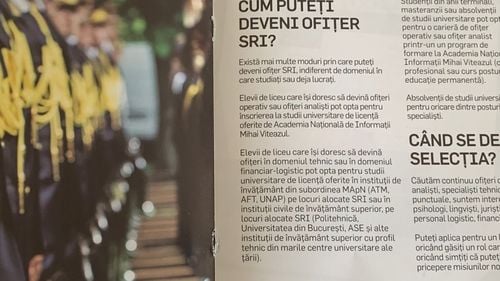 SRI caută viitori angajați în sediul Facultății de Litere de la Universitatea din București. Mai mulți studenți au primit broșuri cu mesajul „căutăm continuu ofițeri (…) suntem interesați în a selecta psihologi, lingviști, juriști, personal medical, personal logistic, financiar“ – FOTO