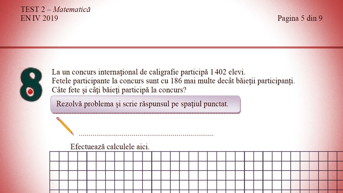 Rezultate Evaluarea Națională clasa a IV-a la Matematică, 2019. Aproape jumătate dintre elevi nu au știut să rezolve problema 8, cu o scădere și o împărțire