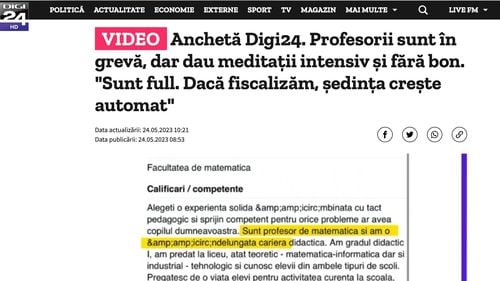 Așa-zisă „anchetă” cu „profesorii care ar da meditații fără bon“, difuzată de Digi 24 în plină grevă generală a angajaților din Învățământ. Sunt prezentate două cazuri, dar postul generalizează