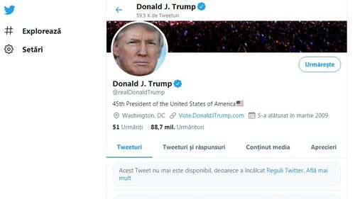 Twitter anunță că Trump a șters cele trei mesaje care au provocat blocarea contului