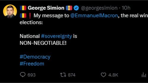 George Simion postează pe X pentru Emmanuel Macron că el este adevăratul câștigător al alegerilor din România / Mandatul de președinte al lui Nicușor Dan a fost valitat de CCR, iar ceremonia de învestire este programată pentru luni