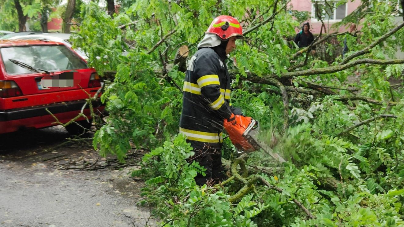 Drumuri blocate, fire de electricitate avariate și mașini distruse de copaci în Argeș și Vâlcea, în cod roșu de furtună