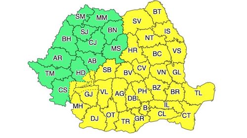 Cod galben în mai mult de jumătate din suprafața țării. Sunt așteptate vijelii, frecvente descărcări electrice, grindină și averse torențiale