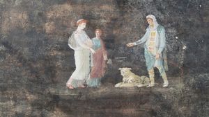 Sală de banchet cu fresce bine conservate, dezgropată dintre ruinele Pompeiului