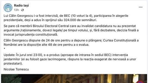 Jurnaliştii de la Radio Iași cer demisia redactorului şef, după o postare pro-Georgescu a acestuia / A scris că BEC ar fi luat o decizia de respingere a candidaturii fără “argumente“ şi “dovezi legale“