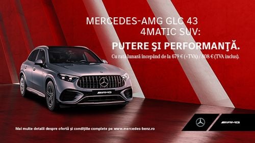 Atât de AMG! Alătură-te unei noi generații de neoprit și intră în cea mai rapidă familie din lume, cu Mercedes-AMG GLC 43 4MATIC SUV. Rată lunară începând de la 808 EUR (TVA inclus). Află mai multe (P)
