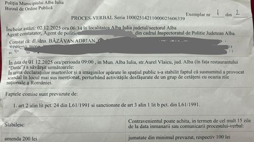 Bărbatul amendat după ce a proiectat mesajul „Marș la Moscova”: Cetățenii care au mânjit Ziua Națională, Catedrala Reîntregirii, Monumentul Unirii și Imnul Național cu sloganurile lor politice minoritare m-au lovit și îmbrâncit. Tot eu sunt amendat