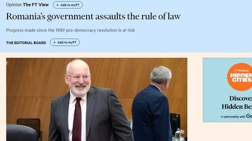 Financial Times, editorial dur la adresa guvernului Dăncilă: ”Asaltul asupra statului de drept provoacă îngrijorări în UE, NATO și în piețele financiare”