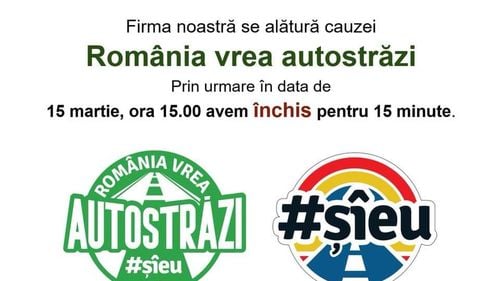Campania #șîeu: Multinaționale și companii românești, ONG-uri, primari, transportatori și taximetriști vor opri lucrul vineri, 15 martie, la ora 15, pentru 15 minute / Mesajul: România vrea autostrăzi