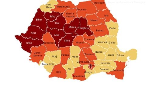 Harta celor mai vulnerabile zone în criza COVID-19: Bucureștiul și nouă județe au depășit rata de infectare de 3 cazuri la mia de locuitori și au intrat în scenariul roșu. Cluj, Sălaj și Timiș au trecut și pragul 4