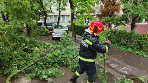 Un panou publicitar a căzut într-o intersecție și mai mulți copaci au fost doborâți de vânt peste mașini în Capitală / O parte din acoperișul unui bloc, căzut la Alba Iulia / Copaci căzuți și pe DN1 / Toată țara este sub cod de vânt puternic