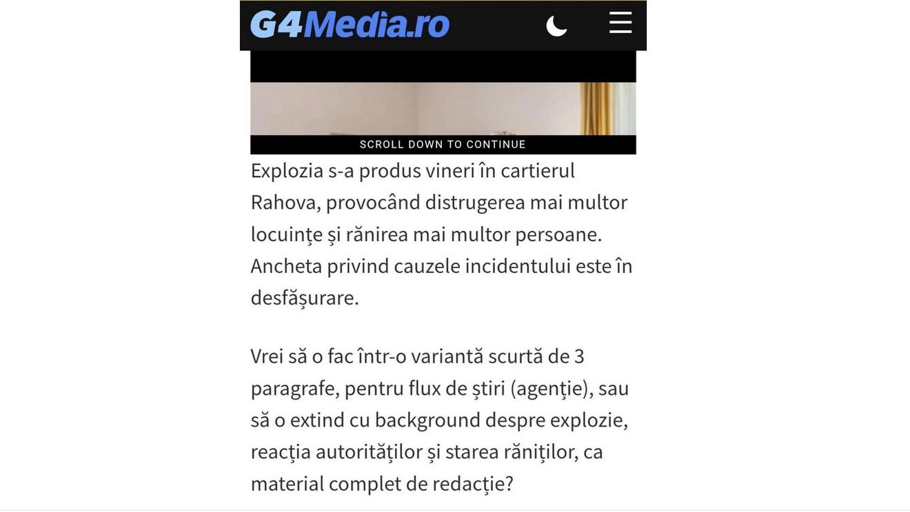 Clarificarea G4Media privind articolul „DGASMB face apel la solidaritate după explozia din Rahova” redactat cu ajutorul AI