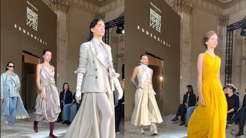 Romeo Gigli prezintă colecția de primăvară-vară la Mercedes-Benz Bucharest Fashion Week: o colecție structurată, colorată și rafinată, marcată de calitatea materialelor și precizia execuției