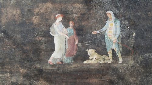 Sală de banchet cu fresce bine conservate, dezgropată dintre ruinele Pompeiului