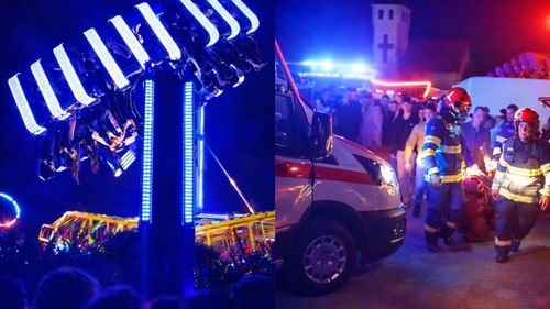 VIDEO Tineri, blocați cu capul în jos, timp de 40 de minute, într-un carusel din Caransebeș / Au fost coborâți de pompieri