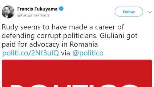 Francis Fukuyama: "Giuliani pare că şi-a făcut o carieră din apărarea politicienilor corupţi"