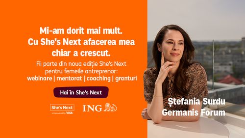 She’s Next by ING & Visa susține antreprenoarele! Câștigă un grant de 10.000-30.000 € și mentorat personalizat. Preînscrie-te și participă la webinariile gratuite gândite special pentru nevoile antreprenoarelor! (P)