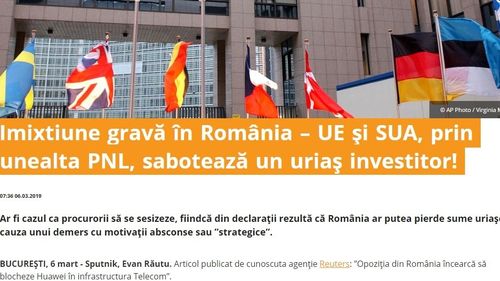 Sputnik, organul oficial al propagandei ruse, cere procurorilor să-i ”ridice” pe liberalii care ”sabotează uriașul investitor” Huawei